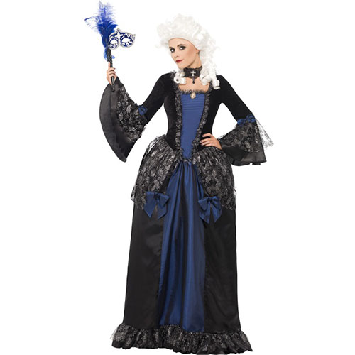 Costume femme belle baroque bal masqué bleu nuit et noir