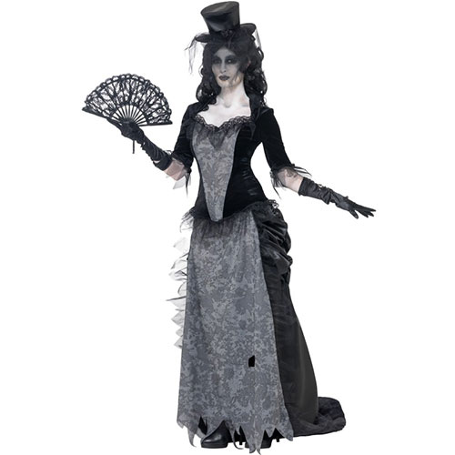 Costume femme veuve gothique fantôme noir gris et chapeau