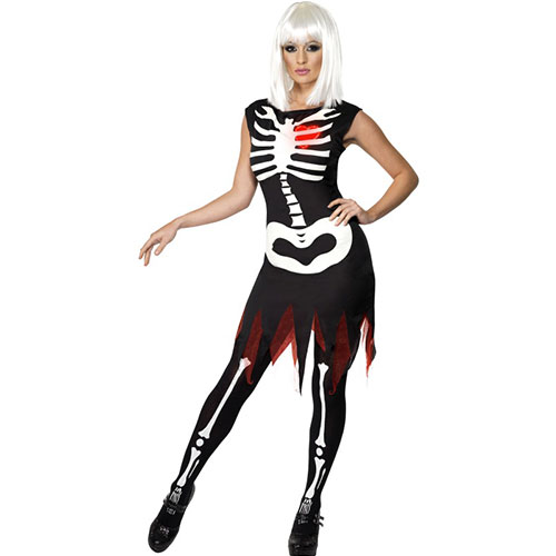 Costume femme squelette lumineux avec cœur lumineux